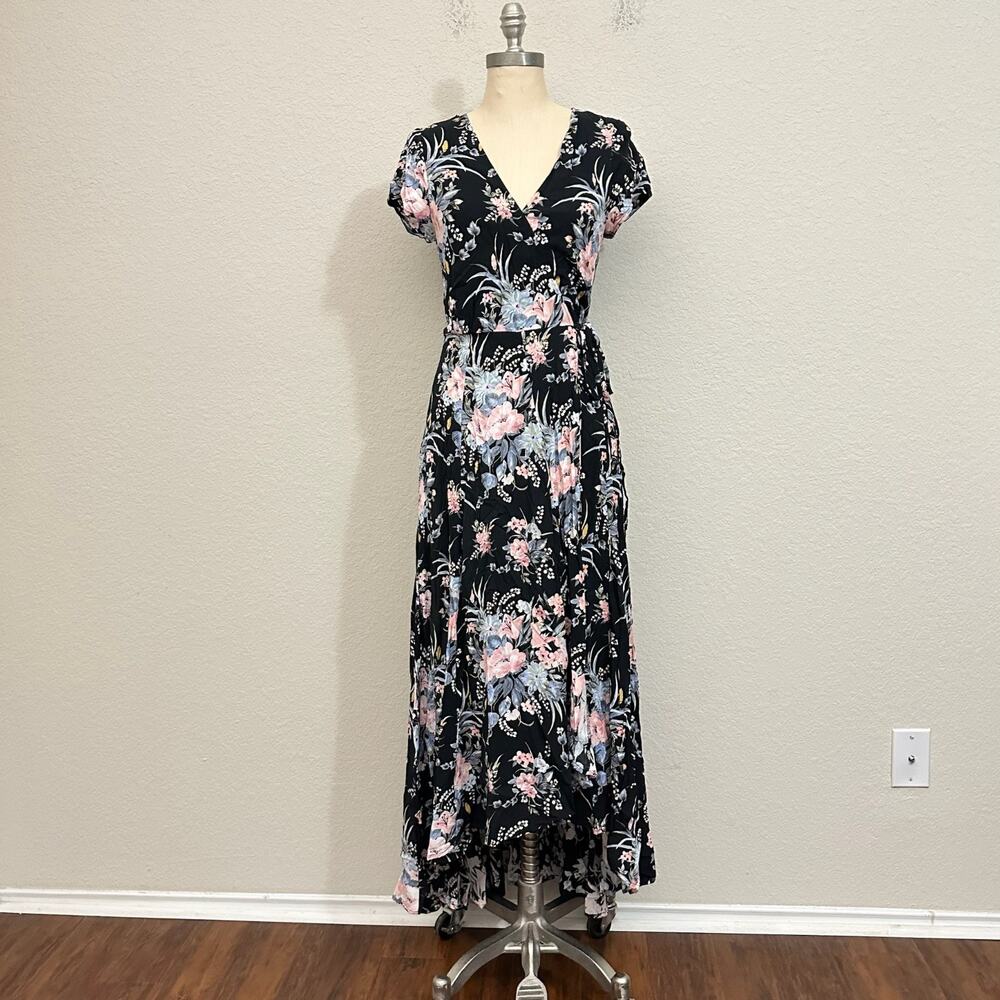 AUGUSTE Scarlett Wrap Maxi Dress Black Floral Tie Waist Short Sleeve